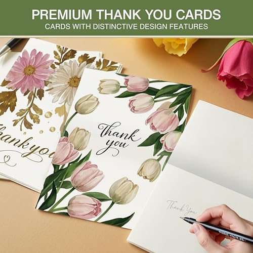 Thank You Cards with Envelopes - 24 Pack 6 Floral Designs Thank You Notes with Envelopes Set, Small Blank Thank You Cards (3.5x5in) for Weddings, Baby Showers & Business