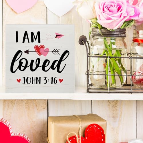 Christian Desk Decor, Rustic I Am Loved Scriptures Wooden Sign - color: Loved