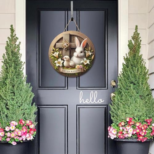 Easter Wreaths,SWEKKE Easter Wreath for Front Door, Wooden Easter Bunny Chick Decor Door Sign Wreath 12 Inch, Easter Welcome Door Sign Easter Decorations, Easter Lily Flower Rabbit Welcome Door Sign - color: White,brown