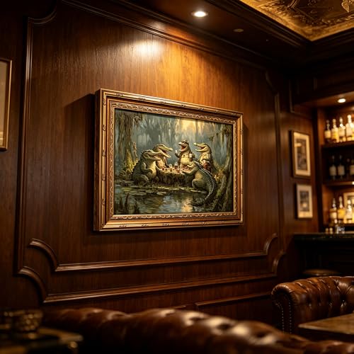 Alligator Playing Poker Wall Art,Vintage Gold Framed Animal Print 16x24in - color: Alligator, size: 24"L x 16"W