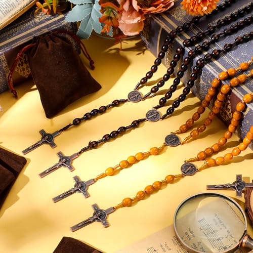 Equsion 12 Set Wooden Bead Rosary Necklace Catholic Rosary Wood Carved Solid Beads with Jesus Cross Our Father with Velour Gift Pouch Baptism Favors Catholic Gift(Coffee, Wood) - color: Coffee, Wood