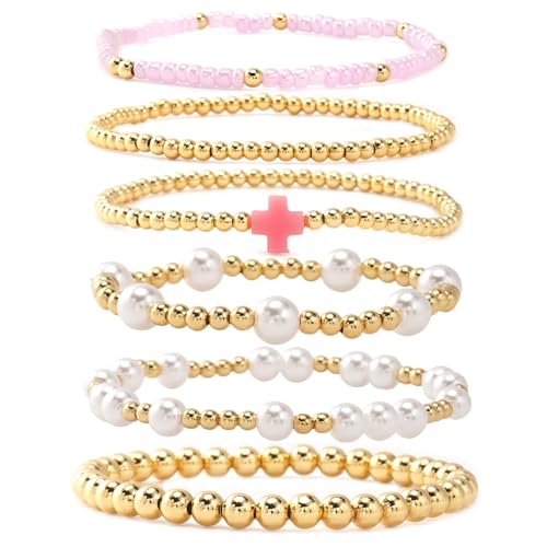 14K Gold Plated Cross Beaded Bracelets for Women, Colorful Beads Stackable Stretch Bracelet Set, Waterproof Fashion Summer Beach Christian Jewelry Gifts for Baptism - color: Pink