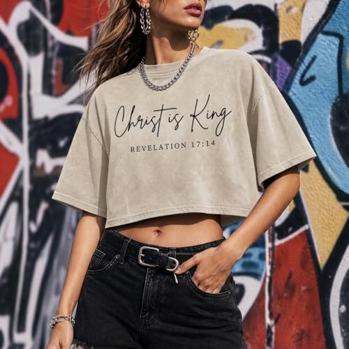 KIEKIECOO Womens Cropped Acid Wash Tshirt Vintage Christian Graphic Crop Tops Tees Oversized Christ is King Faith Gifts Shirt - color: Apricot, size: Large