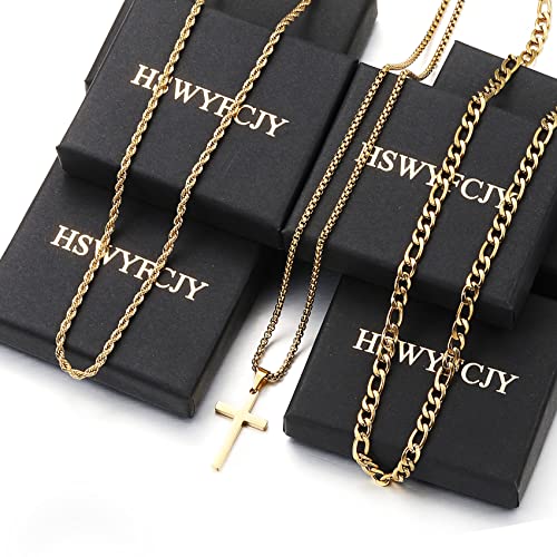 3Pcs Set Cross Necklace for Men, Mens Cross Necklace Cross Chain Layered Stainless Steel Rope Figaro Chains for Women Boys Gold Silver Black (20inch/22inch) - color: Gold