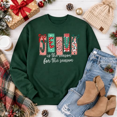 Women's Christian Christmas Sweatshirt Jesus Graphic Crewneck Holiday Top - color: Greena, size: Medium
