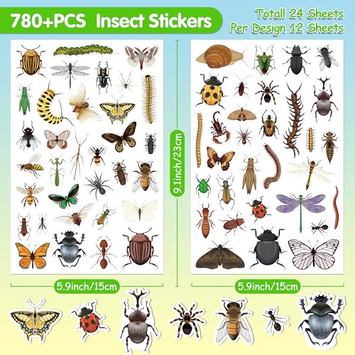 LINAYE 24 Sheets Insect Stickers for Kids Boys Girls, 780 Counts Bug Stickers for Scrapbooking,Water Bottles,Envelopes,Laptop - style: Insects 24 Sheets