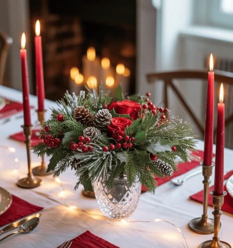 12-Pack Taper Candles (10-Inch) – Dripless & Smokeless Long Burning (8 Hours) – Unscented Hand Poured Wax Candlesticks for Weddings, Dinner Parties, & Home Decor (Red) - color: Red