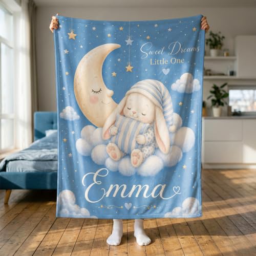 Personalized Baby Blanket With Name, Custom Baby Blankets Gift for Boy Girl - color: Cloud Blue, size: Bunny