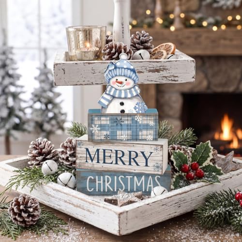Lineshading 4 Pcs Christmas Table Decor, Blue Snowman Wooden Block Signs - style: Blue Snowman
