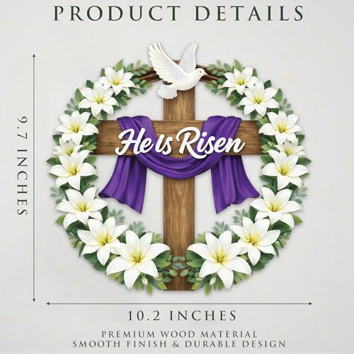 Easter Decorations He Is Risen Wooden Easter Wreath, Christian Easter Wreaths for Front Door, Religious Door Hanging Sign for Front Door, Faith Based Spring Wall Decor - color: He Is Risen