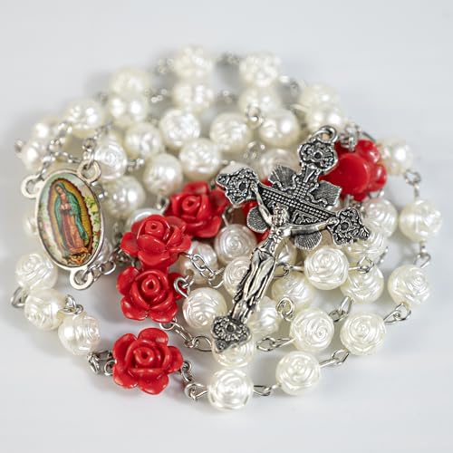 Rosary Beads Catholic for Women - Pearl Beads with Classic Cross, Virgin Mary Zippered Prayer Box, First Communion Gifts, Baptism Confirmation Jewelry - color: Guadalupe-White