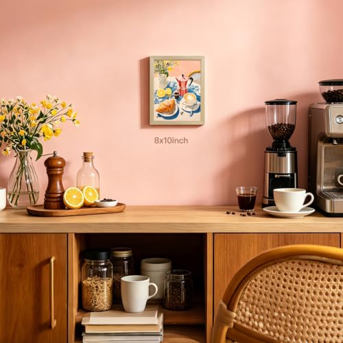OPFDE Wood Framed Coffee Bar Wall Art, Vintage Cafe Still Life Wall Decor, Cozy Italian Breakfast Espresso Poster Print, Croissant Lemon Floral Artwork for Kitchen Dining Room Living Room 8x10 Inch - color: BreadCoffee, size: 10"L x 8"W