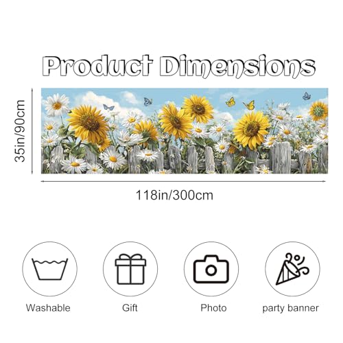 Sunflower Spring Fence Banner 118 x 35 Inch, Large Waterproof Outdoor Floral Banner with Sunflowers, Daisies & Butterflies for Yard Garden Porch Fence Decorations - color: 222-1