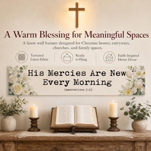 Farmhouse Bible Verse Scripture Wall Sign, His Mercies Are New Every Morning Hanging Sign for Church Home, Faith Wall Decor Banner, Linen Canvas Banner Hanging Flag Decors, 48 x 9 Inches - color: color_name08