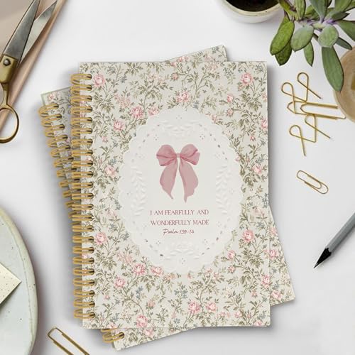 YLZlhb BohDo Floral Bow Christian Spiral Notebook Journal, Bible Verse Notebooks for Note Taking, Christian Gifts for Women, I Am Fearfully and Wonderfully Made Hardcover Spiral Journal 5.5x8.3 Inches - color: pink bow