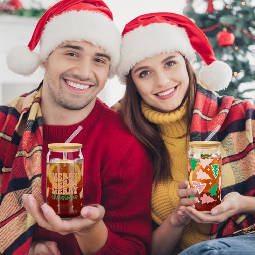 Glass Cups with Lids and Straws, 6Pack, 16oz, Christmas Candy - style: Gingerbread Tree