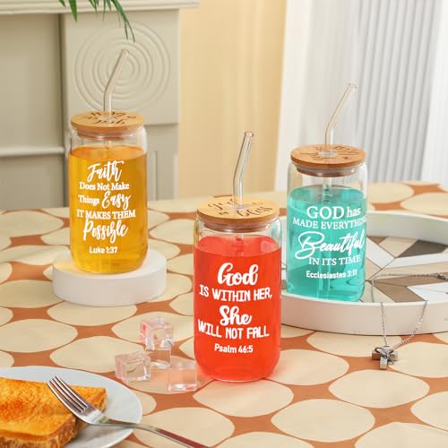 Tioncy 8 Pcs Christian Gifts for Women 16oz Bible Verse Coffee Drinking Glass Cups with Bamboo Lids Straws Brushes Inspirational Religious Gifts for Church Christian Party Favor - style: Bible