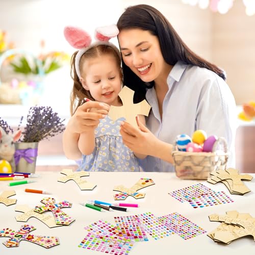 PLUVAVA 36 Sets Wood Cross Crafts DIY Wooden Cross for Christian Jesus Sunday School Vacation Bible School Crafts Supplies with 14 Pieces Stickers and 24 Pieces Watercolor Pens (Exquisite Style) - size: ExquisiteStyle