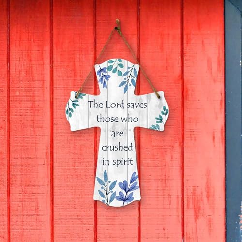 The Lord saves those who are crushed in spirit Cross Hanging Sign | Rustic Twine | Inspiring Religious Bible Decor - color: The Lord Saves Those Who Are Crushed