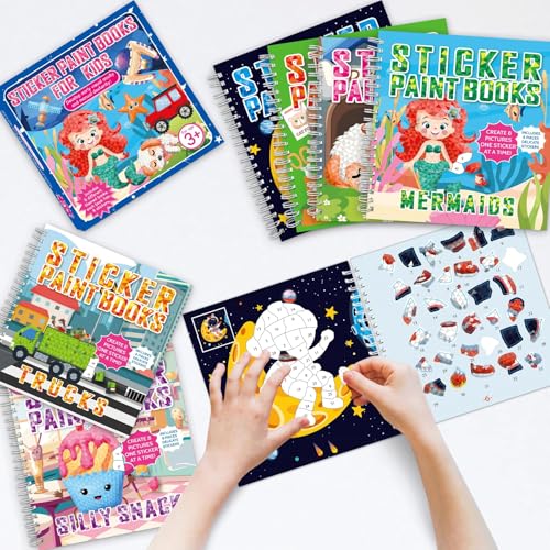gisgfim 6 Pcs Paint by Sticker Books Sticker by Number Books Activity Book Sticker Puzzle Book Craft Art Gift with Mermaid Truck Outer Space Cat 48 Pictures Sticker by Number Book Set Party Favors - style: Cute Cartoon