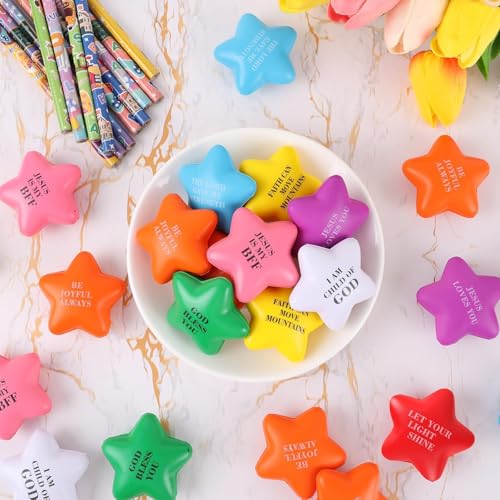 64 Pcs Christian Star Stress Balls Bulk for Kids Jesus Bible Quotes Motivational Balls Mini Foam Stress Relief Star Ball Toy Colorful Squeeze Fidget Office Stress Anxiety Relief Toy Party Favors