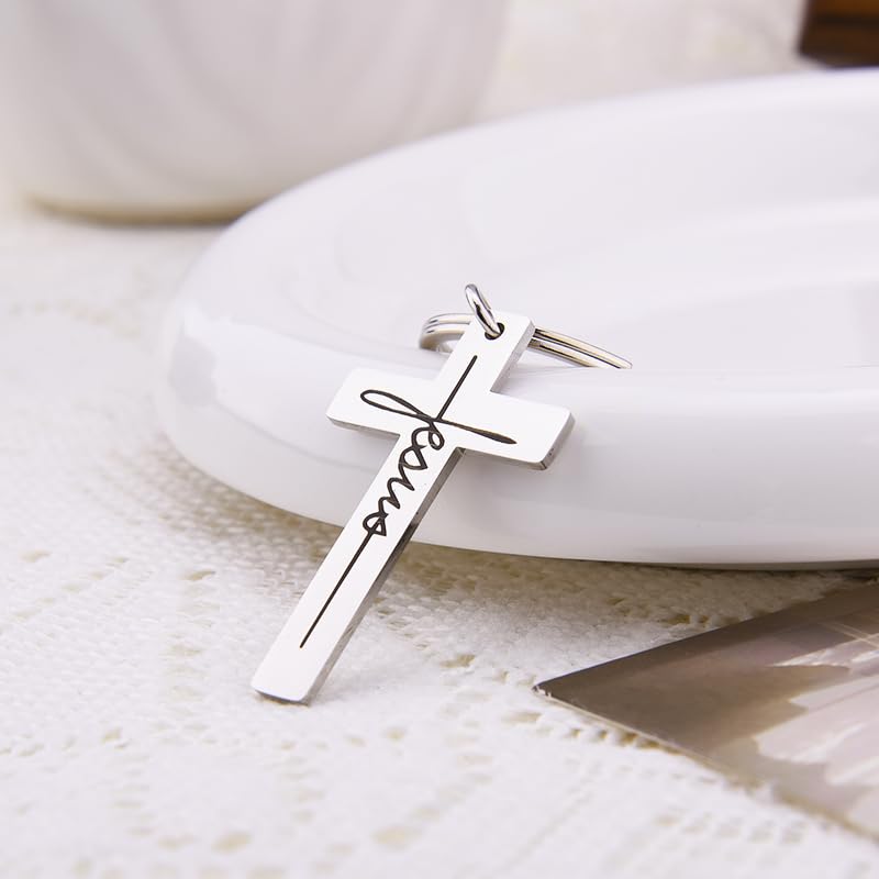 Jesus Faith Cross Keychain Inspirational Gift for Women Men Stainless Steel Cross Pendant Keyring Christian Key Holder Religiou Baptism Gifts for Christian Key Charm First Communion Favors