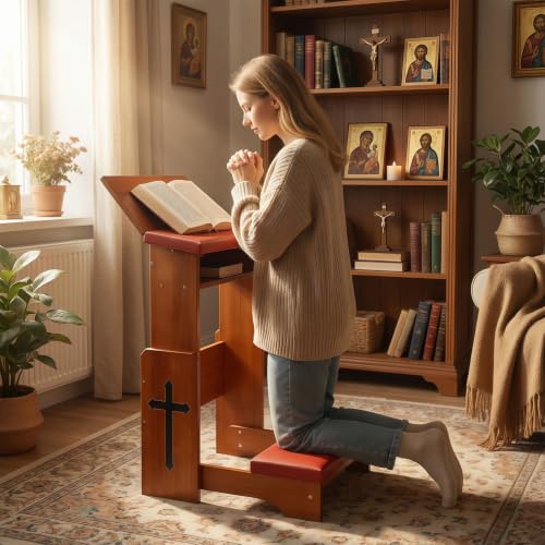 Fanwer Prayer Kneeler Bench with Foldable Book Stand, Adjustable Height Kneeling Stool with Storage Space & Thick Cushion, Space-Saving Prayer Chair for Home Church Bible Reading