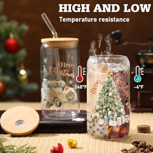 Teenyyou 12 Set of Christmas Glasses with Bamboo Lid and Glass Straw 16 oz Christmas Drinking Cup Beer Iced Coffee Cup Xmas Tumbler Mugs for Women Men Holiday Party Office Gifts - style: Christmas