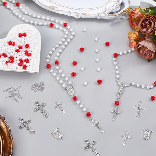 PH PandaHall 1343pcs Rosary Jewelry Making Kit, White Pearl Beads Rose Beads Metal Cross Pendants Links Eye Pins Jump Rings for DIY Bracelets Necklaces Jewelry Making Crafting Easter Decor
