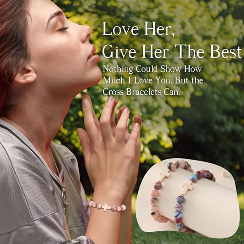 Cross Bracelets for Women, Christian Gifts for Women Stocking Stuffers for Teens Cross Bracelet Imperial Nature Stone Bead Bracelet Confirmation Baptism Gift for Teen Girls Christmas Religious Gift Cathlic Faith Jewelry - color: Pink