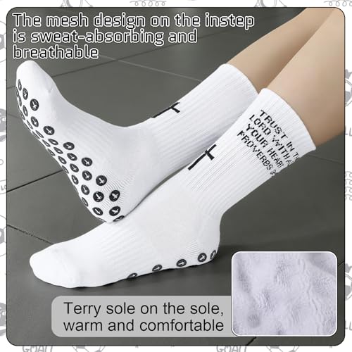 Jspupifip 4 Pairs Cross Grip Soccer Socks Anti Slip Socks - color: White Two Different Bible Verses