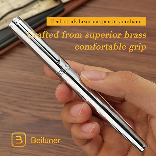 BEILUNER Silver Fountain Pen,Stunning Luxury Pens with Bright Silver Chrome, Gorgeous 24K Gilded Nib(Medium), Fancy Pen Gift for Men&Women -Ink Converter-Elegant, Office,Nice Pen for Writing - color: Silver, style: Medium Nib
