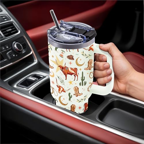 Rodeo Gifts for Women, 40oz Cowgirl Western Tumbler with Handle - color: Cowboy-Beige