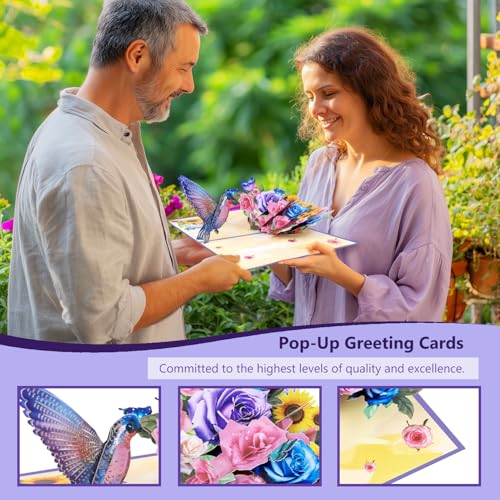 Magic Ants Pop Up Card Set for Women – 4 Pack 3D Greeting Cards with Butterflies, Flowers & Parrot – Birthday, Thank You, Get Well, Sympathy, Concelence, All Occasion – Includes 4 Envelopes & 4 Blank Notecards - color: Hummingbird Floral Butterfly Parrot