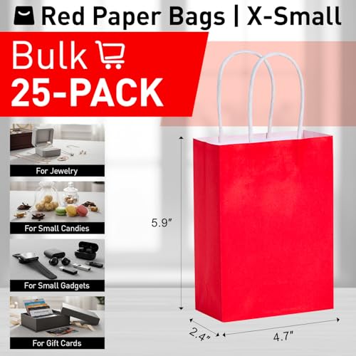 SUNCOLOR 25 Pack Small Red Gift Bags with Handles, 6" Recyclable Kraft Paper Goodie Bags for Party Favors, Birthdays, Weddings, Christmas - color: Red
