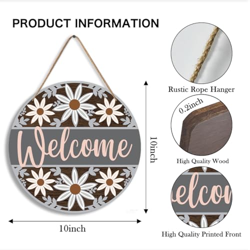 Welcome Flower Pattern Sign - Round Floral Front Door Hanger - Rustic Seasonal Wooden Hanging Decorations for Indoor Outdoor Home Porch Window Wall Hanging Decor, 10X10 Inches -B07 - color: A Gray