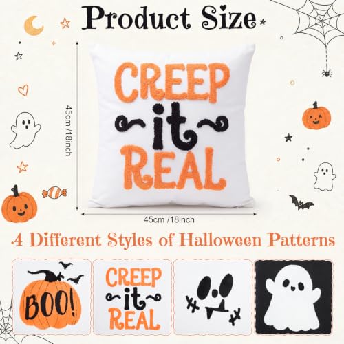 Mixweer 4 Pcs Halloween Pillow Covers Set, 18 x 18 Inch Embroidered Pumpkin Ghost Spooky Pillow Cases, Square Throw Cushion Cover, Fun Halloween Decor for Couch Sofa Bed Home - style: Halloween