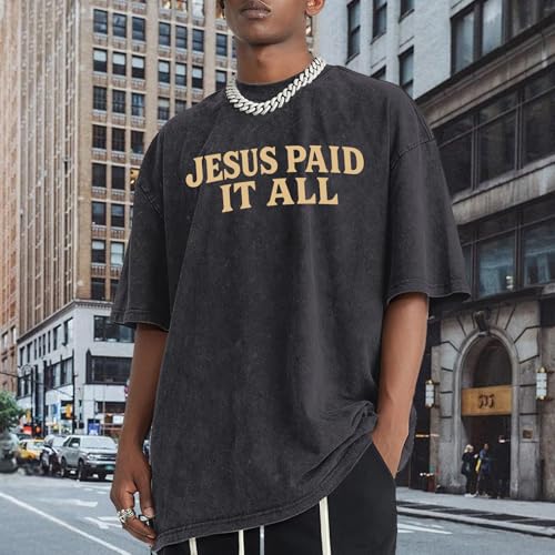 Christian Shirts for Men Religious Cross Bible Verse Jesus Faith Oversized T Shirt Graphic Vintage Acid Wash Tees - color: Black, size: Large