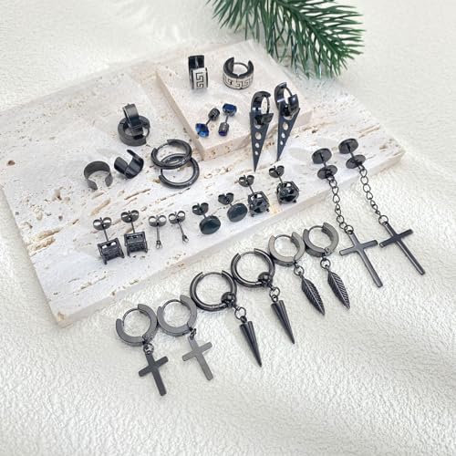 14 Pairs Earrings for Men and Women - Black Stud, Hoop, Cross, and Dangling Earrings Set - Stainless Steel Ear Cuffs Piercing Jewelry - color: Black