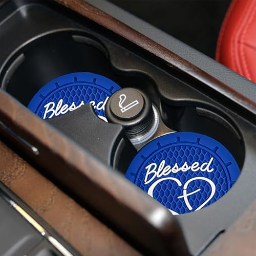 2PCS Car Cup Holder Coaster, 2.76 Inch PVC Anti Slip Car Cup Insert Coaster with Blessed Cross and Heart, Shockproof Dustproof Drink Mat Universal for Most Vehicles Interior (Blue) - color: Blue