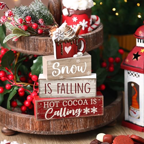 Lineshading 4 Pcs Christmas Table Decor, Hot Cocoa Wood Block Sign Home Set - style: Chocolate