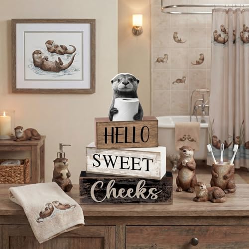 Moucuny 4 Pcs Otter Bathroom Decor Wooden Block Signs Hello Sweet Cheeks - style: Bathroom Otter