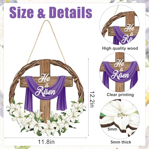 He is Risen Easter Door Sign Religious Cross Wooden Door Wreath for Front Doors Christian Jesus Lily Flowers Welcome Hanging Signs for Spring Home Farmhouse Porch Hanger Wall Indoor Outdoor Decoration