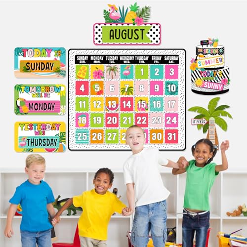 Cholemy 85 Pcs Calendar Bulletin Board Set Classroom Calendar Bulletin Board with Numbers Month Weather Classroom Decorations for Back to School Wall Chalkboard Decor Supplies(Tropical) - style: Tropical