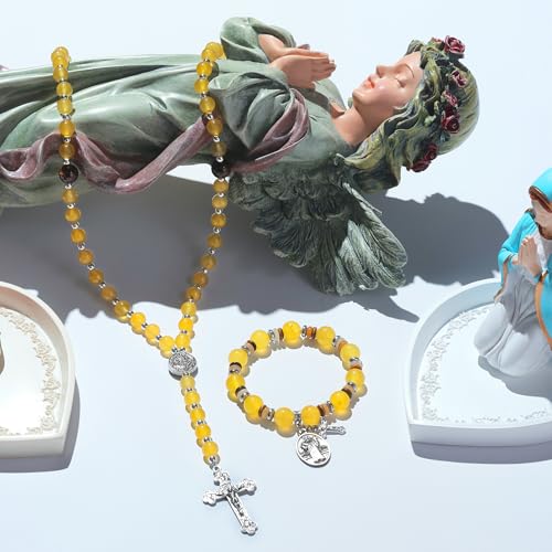 Rosary for Men Women, Natural Stone Beads with St. Benedict Bracelet - color: Yellow