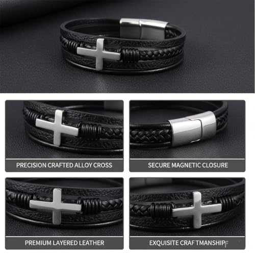 Stainless Steel Braided Leather Bracelet for Men Cuff Bangle Cross - color: 1-silver