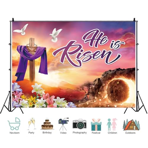 He is Risen Backdrop 7x5ft Fabric Easter Resurrection Photo Background for Photography Empty Tomb Christian Eeligious Church Sunday Party Decorations Large Banner - color: He is Risen, size: 7x5ft
