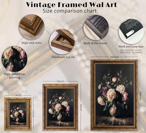 VZKRHPGA Vintage Gold Framed Flowers Wall Art,Dark Moody Floral Prints - color: Black Flower, size: 24"L x 16"W