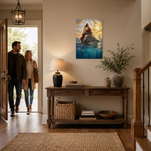 Humorous Christian Jesus Wall Art Jesus Riding Shark Religious Wall Art - color: Art-39, size: 40"L x 28"W