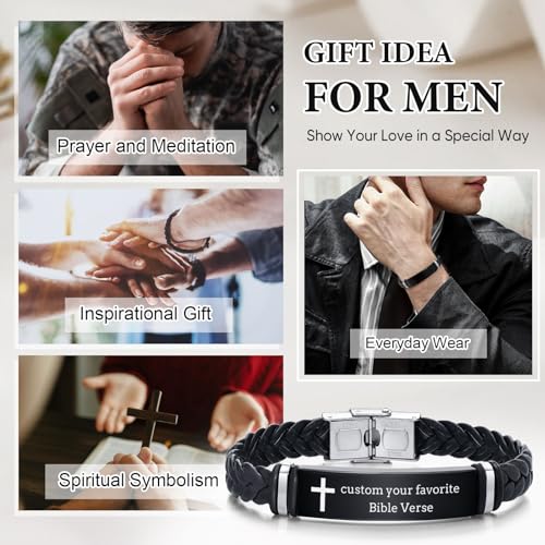 Leather Bracelet Sobriety Gifts for Men : Inspirational Quote/Bible Verse Engraved Braided Black Mens Bracelet for Him, Customized Religious Christian Gift Jewelry for Son/Dad/Boys/Boyfriend/Husband - style: 01:custom text